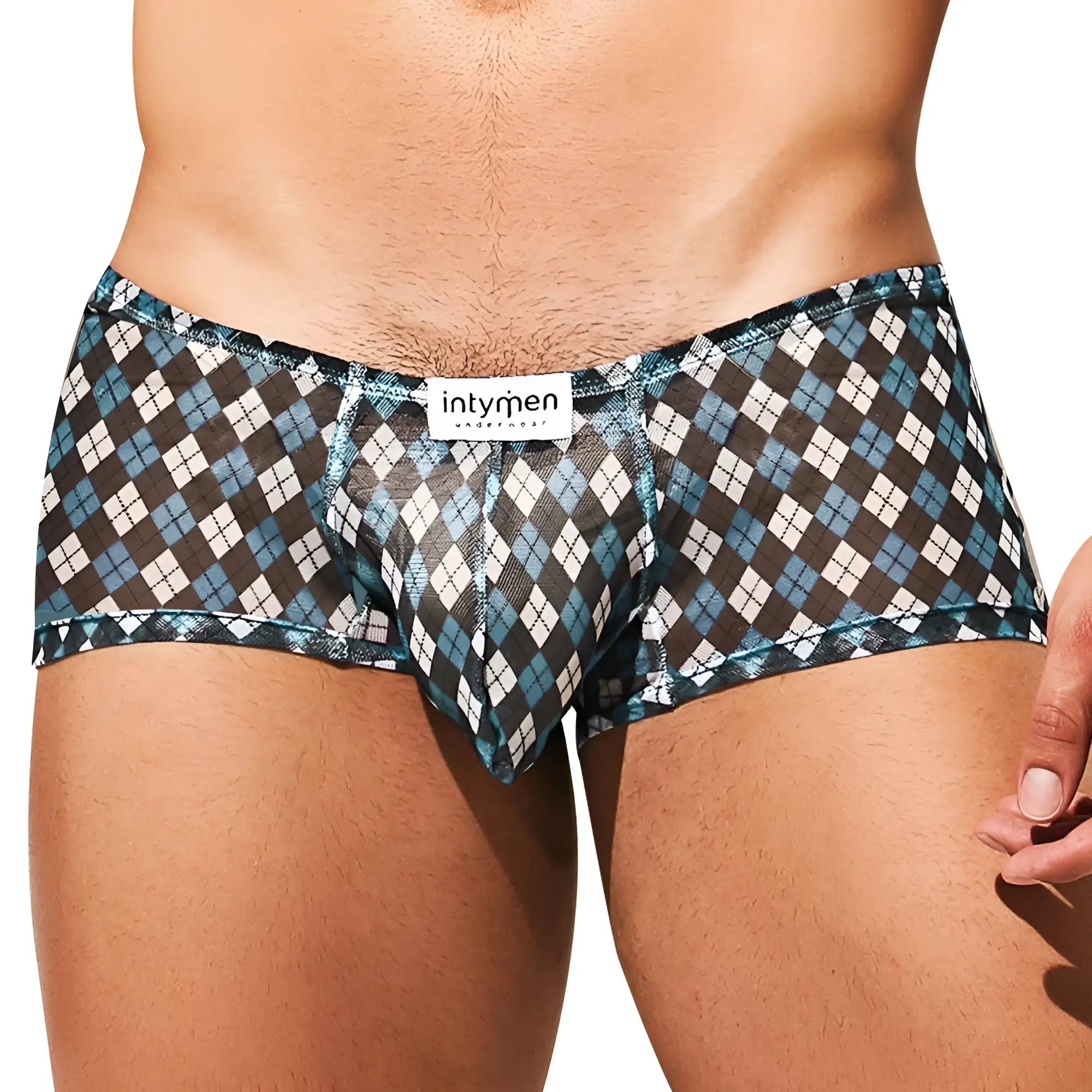 Intymen ING079 boxer trunk men’s briefs with bold teal brown and white argyle pattern for comfortable wear