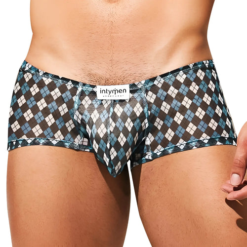 Intymen ING079 boxer trunk men’s briefs with bold teal brown and white argyle pattern for comfortable wear
