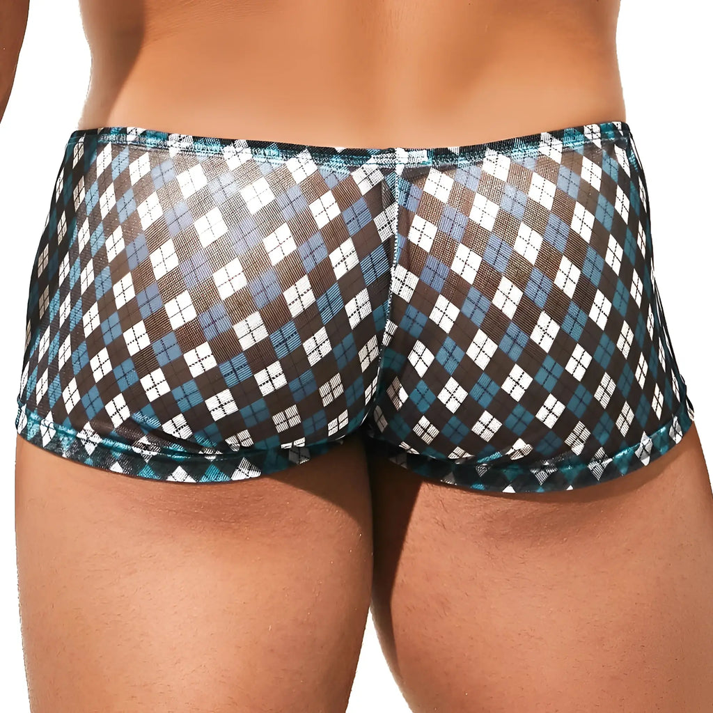 Translucent blue and white argyle patterned men’s briefs intymen ing079 boxer trunk front view
