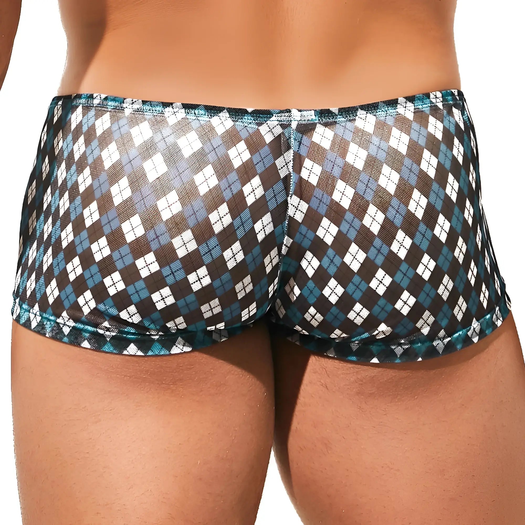 Translucent blue and white argyle patterned men’s briefs intymen ing079 boxer trunk front view
