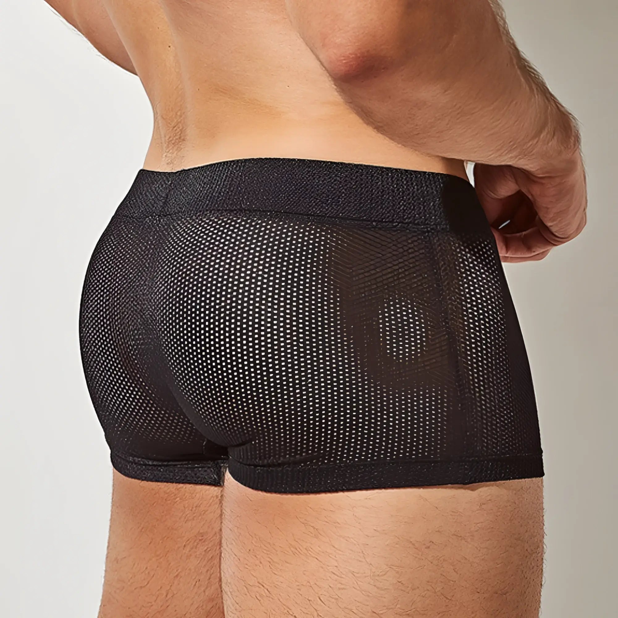 Intymen ING080 black mesh boxer briefs with textured breathable fabric and reinforced waistband for comfort