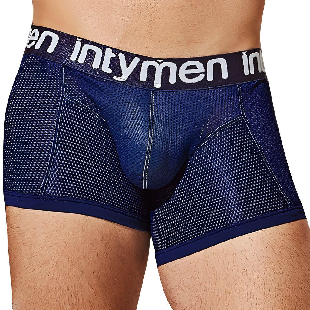 Dark blue mesh Intymen ING081 boxer briefs with a white logo on the waistband for comfortable everyday wear