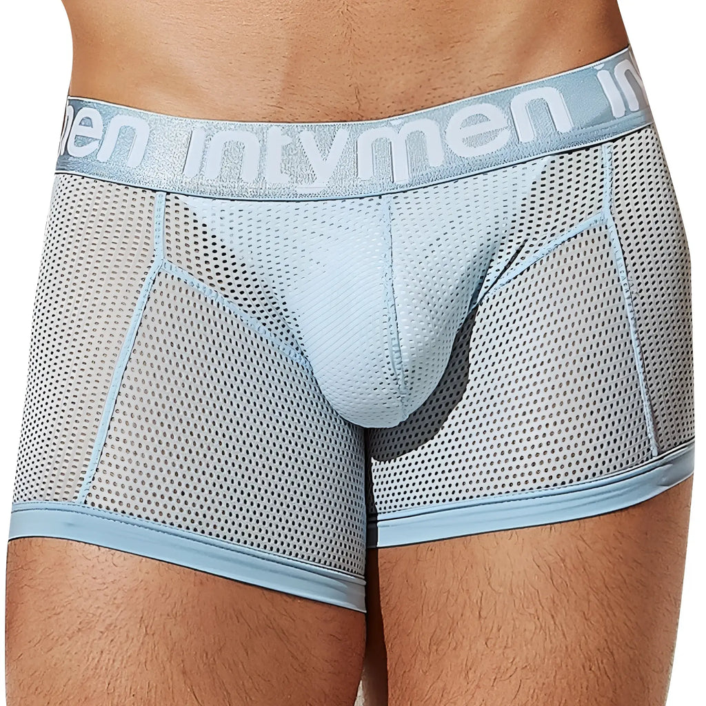 Light blue mesh men’s underwear with branded waistband intymen ing081 boxer brief front view