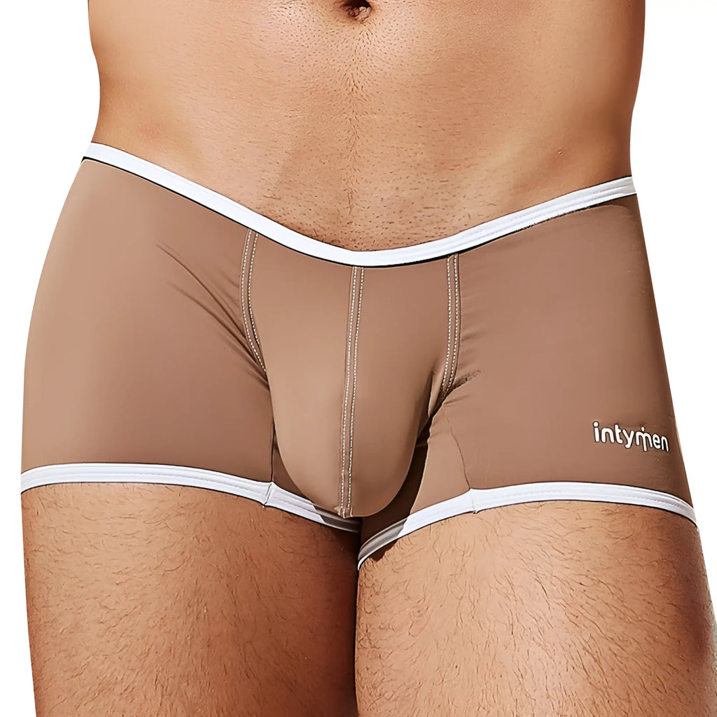 Tan men’s Intymen ING082 boxer briefs with white trim and subtle logo on the side for comfortable everyday wear