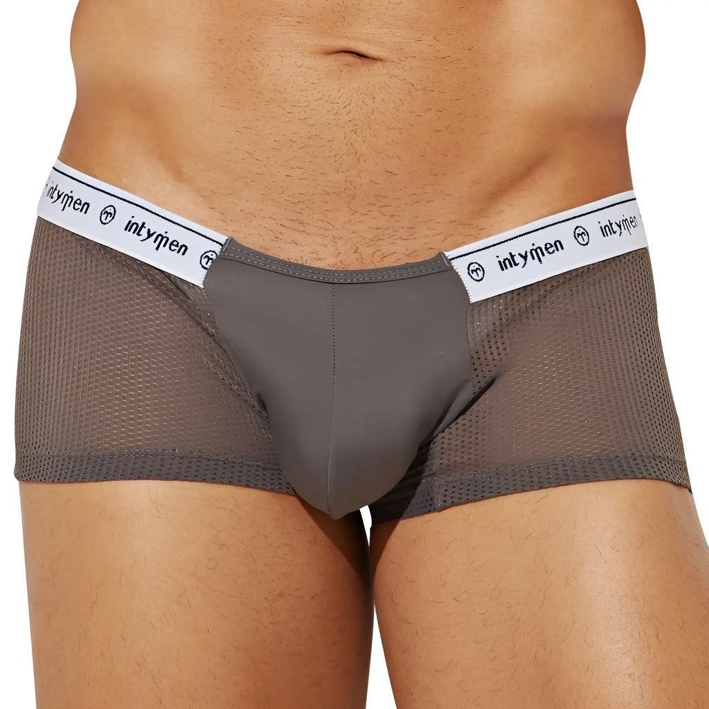 Intymen ING084 boxer trunk gray mesh briefs with white elastic waistband featuring intyqien logo and brand name
