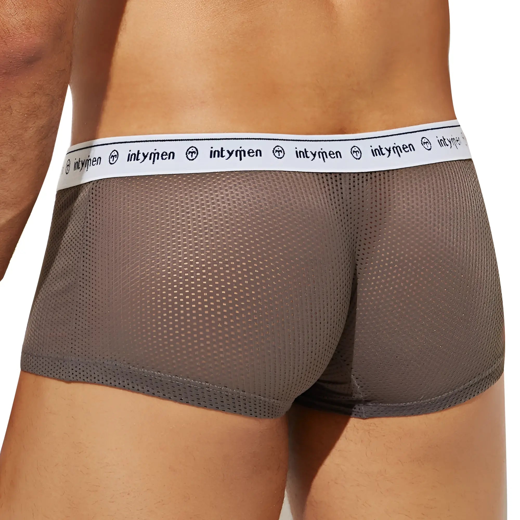 Intymen ing084 boxer trunk gray mesh briefs with white elastic waistband featuring intyrien logo