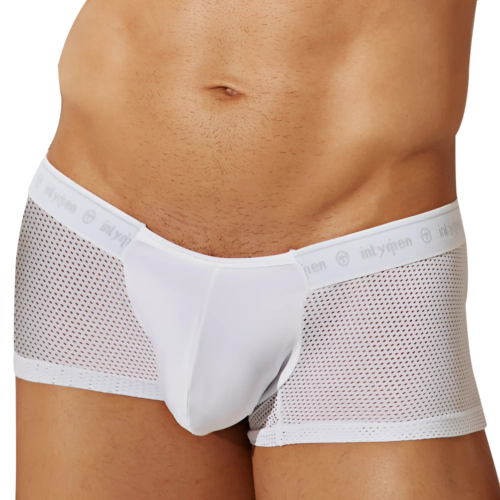 White mesh briefs with a solid front panel and elastic waistband featuring intymen logo from Intymen ING084 boxer trunk collection