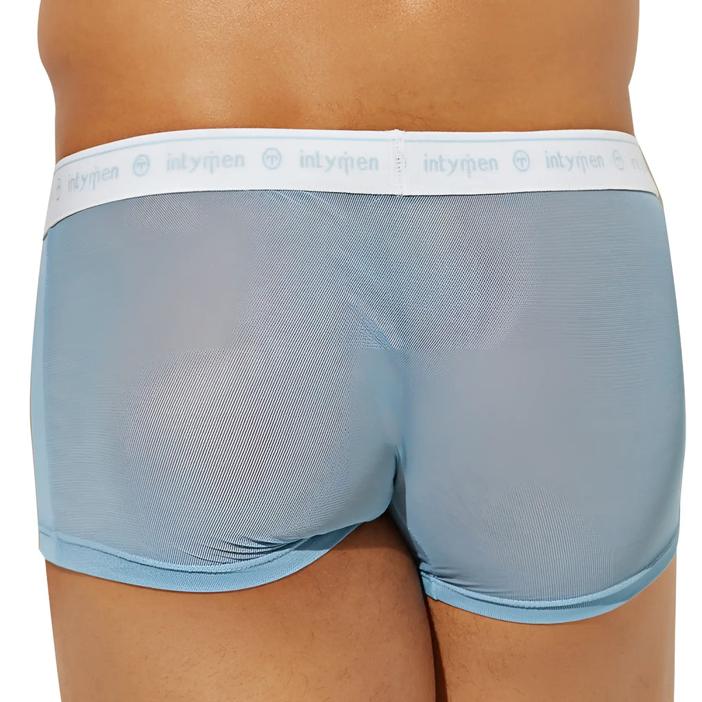 Light blue mesh men’s boxer briefs with white elastic waistband featuring intymen logo intymen ing085 boxer trunk