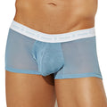 Light blue sheer mesh briefs with white elastic waistband featuring intyfien logo from Intymen ING085 boxer trunk