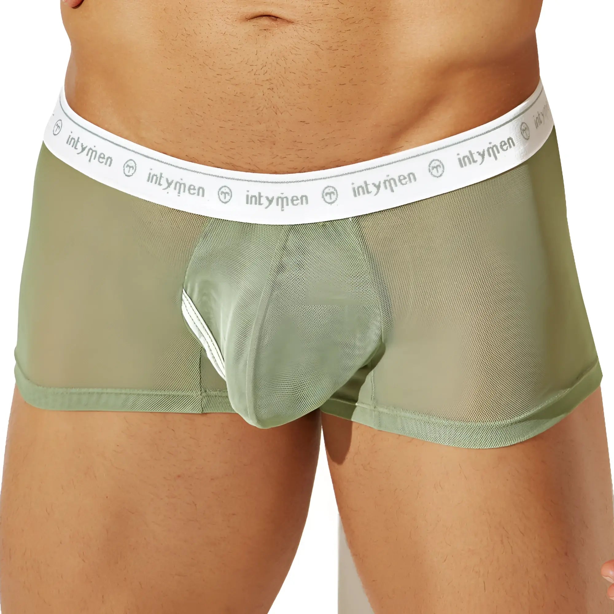 Olive green mesh men’s underwear with white elastic waistband featuring intymen logo and emblem front view