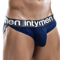 Navy blue Intymen INI007 bikini brief with black elastic waistband and white Intymen branding for men