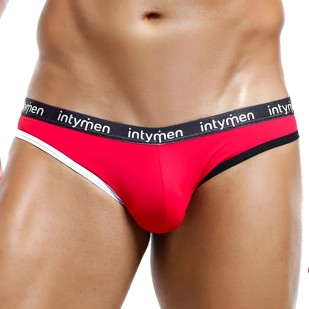 Intymen ini012 bikini brief in red and black with white trim featuring branded design and comfortable fabric