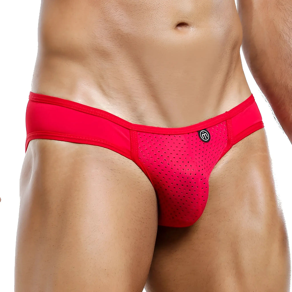 Intymen ini014 bikini brief in bright red mesh with a solid fabric waistband and small black logo on the front