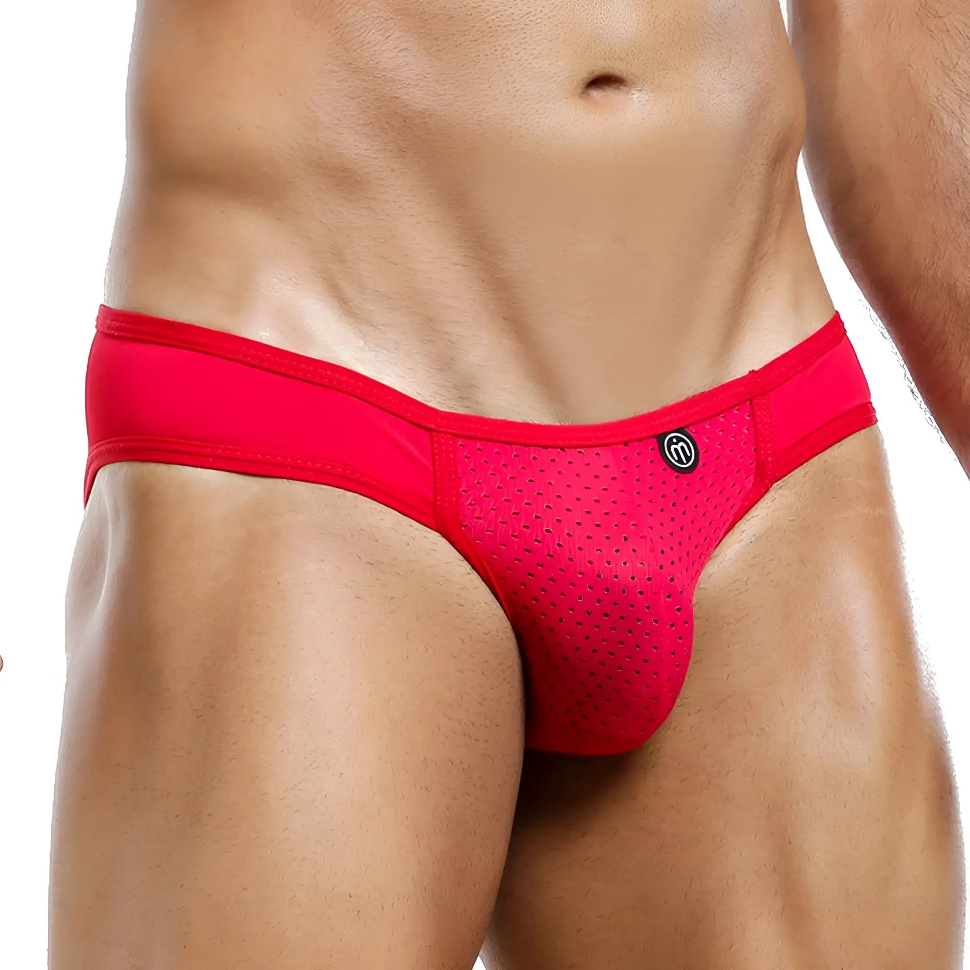 Intymen ini014 bikini brief in bright red mesh with a solid fabric waistband and small black logo on the front