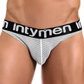 Gray and white striped Intymen INI022 bikini brief with black waistband and bold white Intymen branding for men