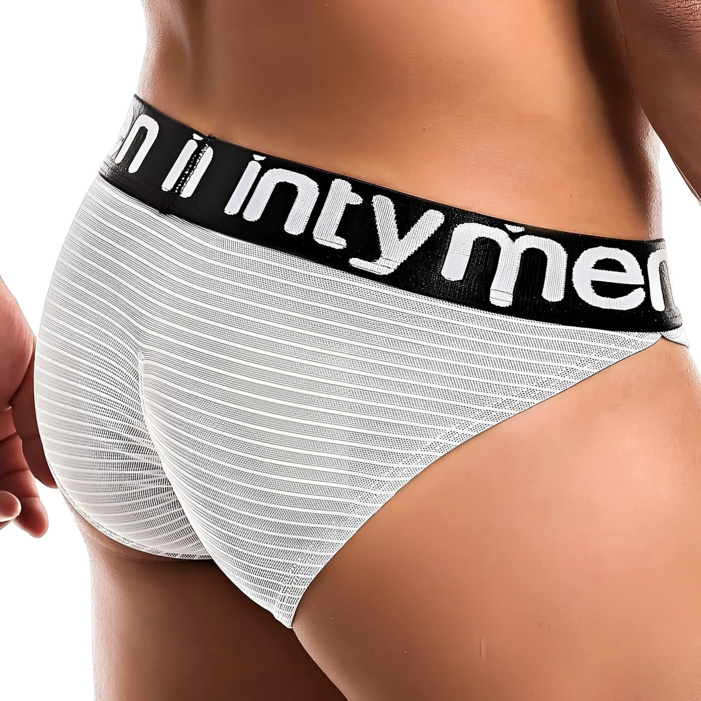 White and black striped Intymen INI022 bikini brief with branded elastic waistband for men’s underwear