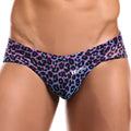 Purple and black leopard-print mens bikini briefs with blue outline and nlymen logo intymen ini025 model