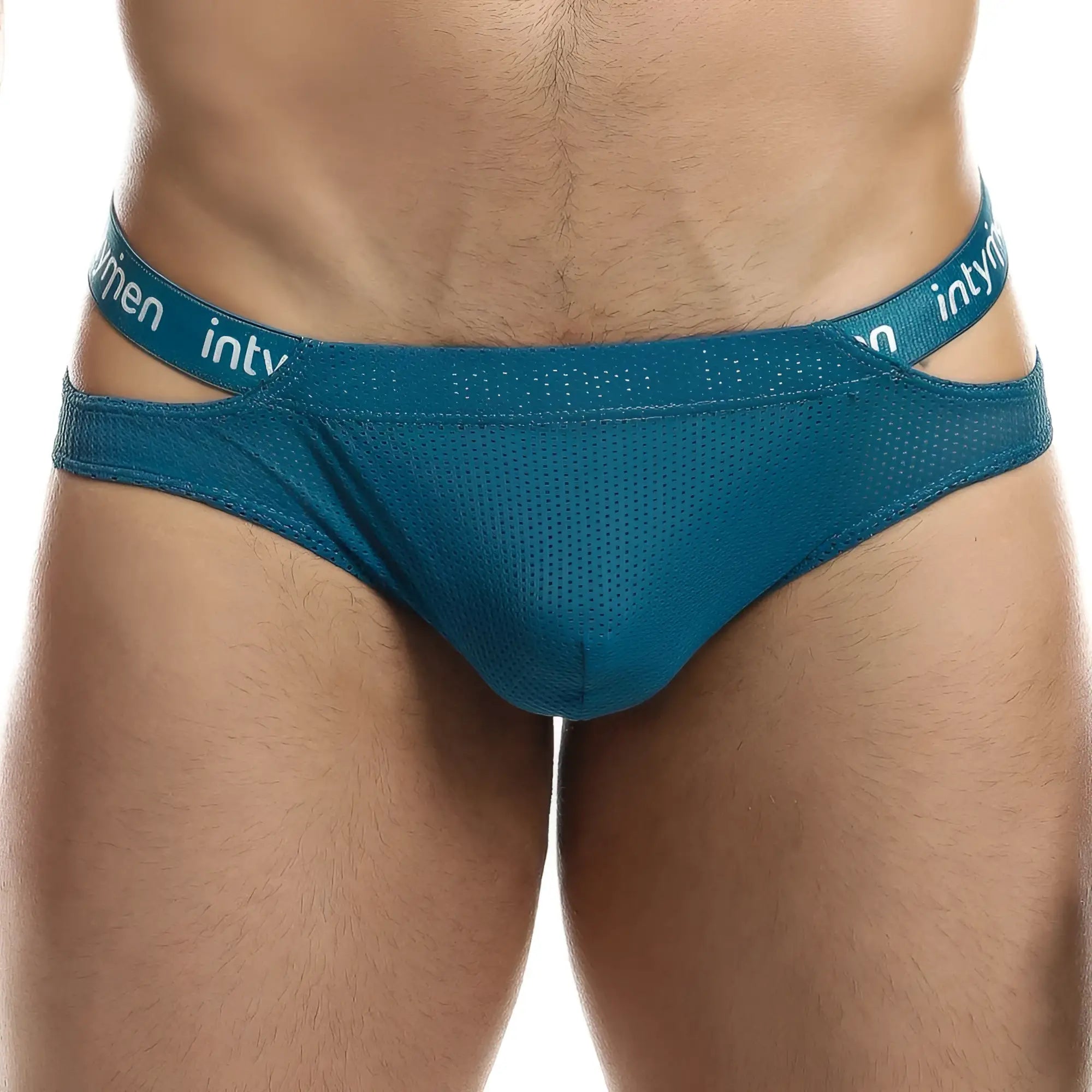 Teal mesh Intymen INI026 bikini briefs with branded elastic waistband showing front view
