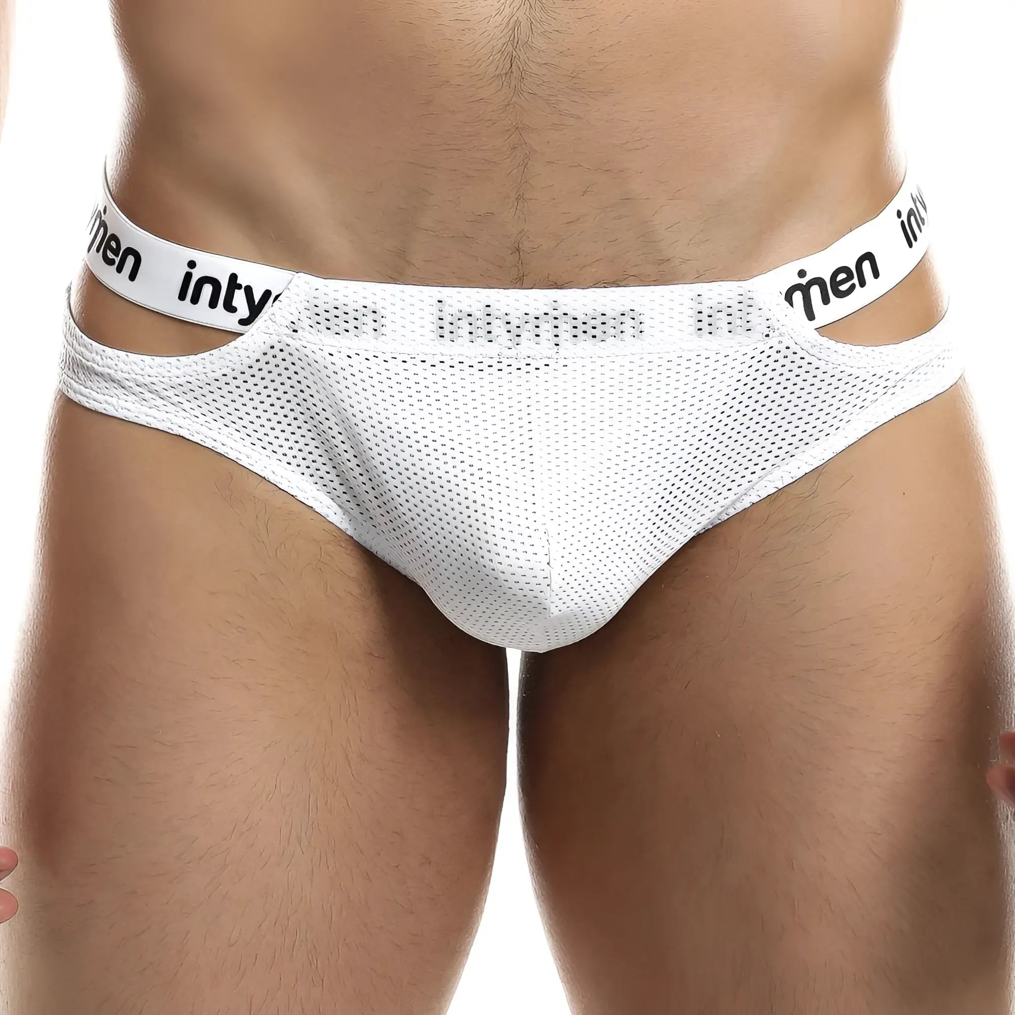 White mesh men’s bikini briefs with black intymen logo band made from breathable fabric for everyday comfort