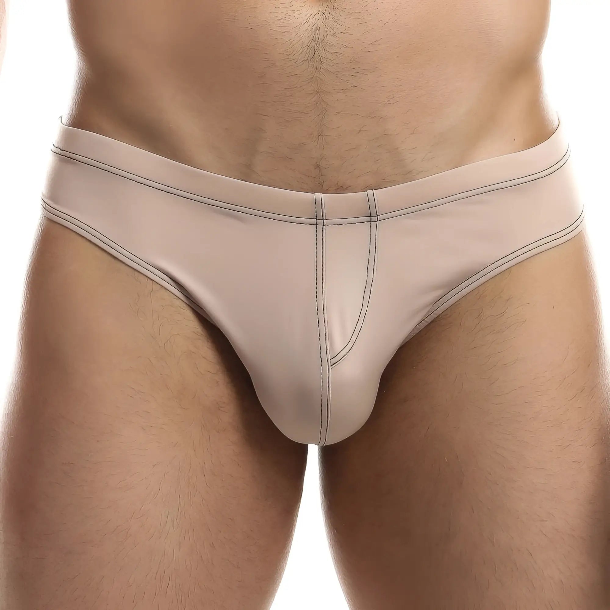 Beige leather thong bikini brief by Intymen with subtle stitching details and thong back design