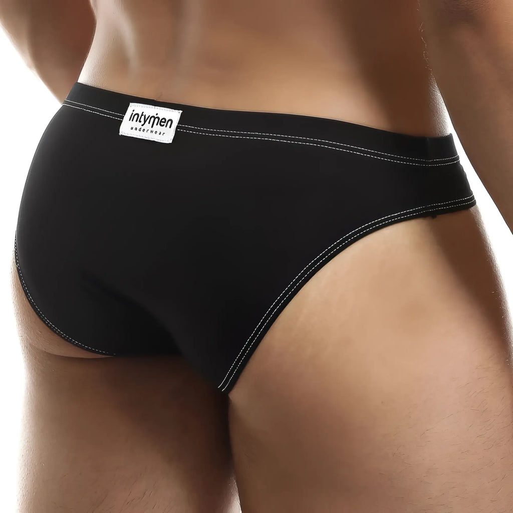 Black Intymen INI028 bikini briefs with white stitching and intyrien underwear label in soft breathable fabric
