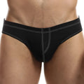 Black Intymen INI028 bikini brief with white stitching along waistband and leg openings for comfortable wear
