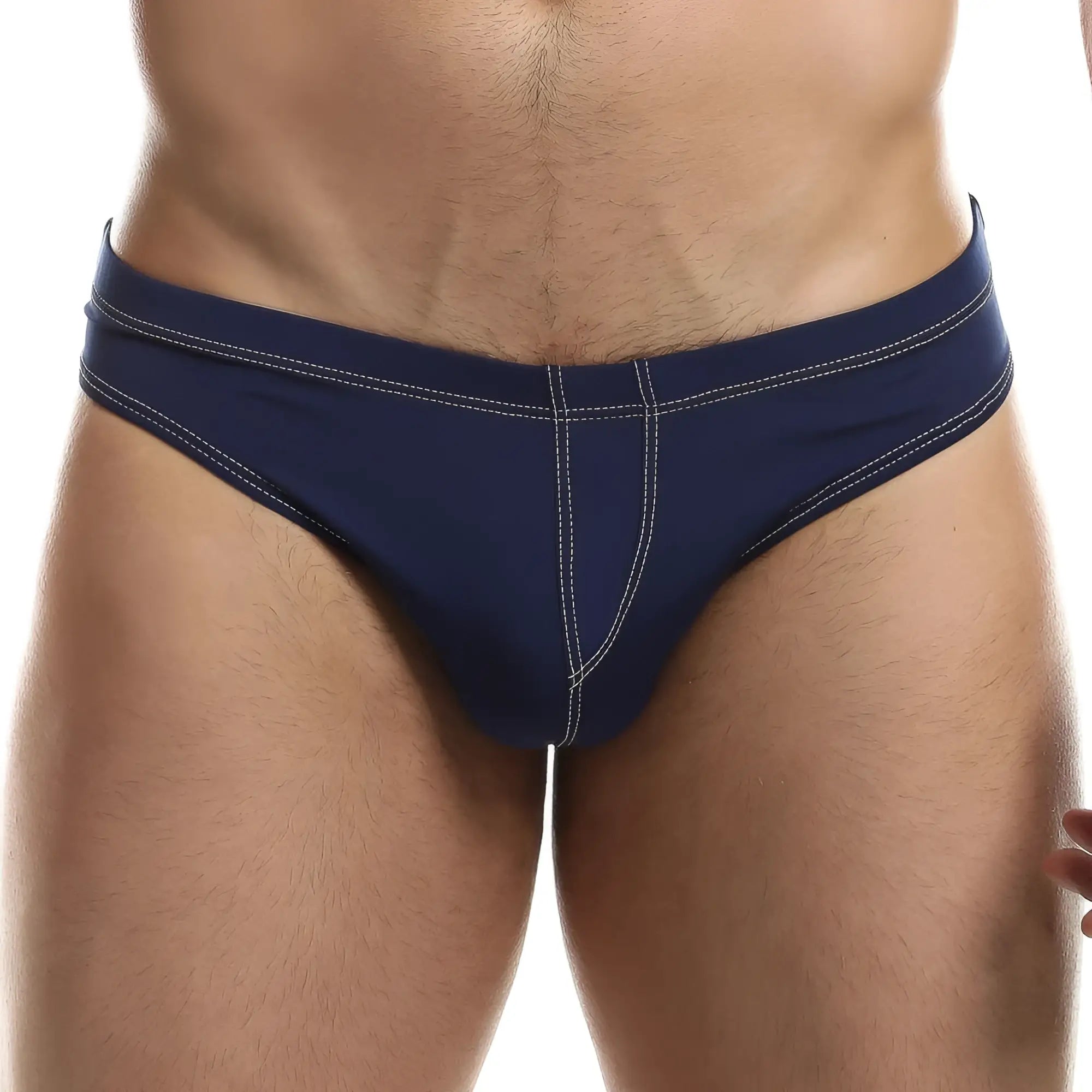 Navy blue intymen ini028 bikini brief swim trunks with white stitching along waistband and leg seams front view