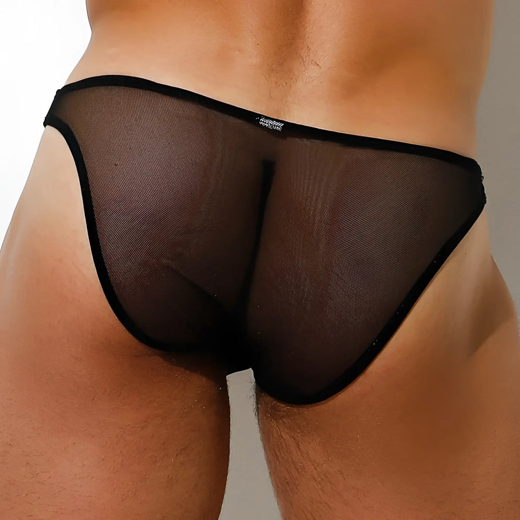 Intymen ini031 bikini brief in black sheer mesh with a solid black elastic waistband shown from the front