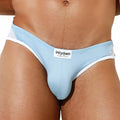 Light blue form-fitting thong with white trim and intymen underwear label intymen ini035 bikini brief front view