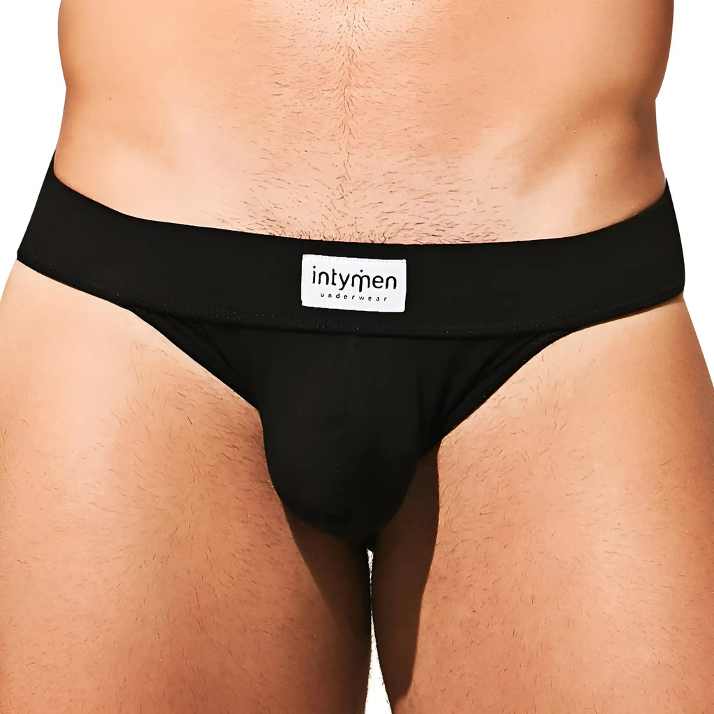 Black intymen ini036 bikini brief underwear with snug form fitting design and white label on the waistband