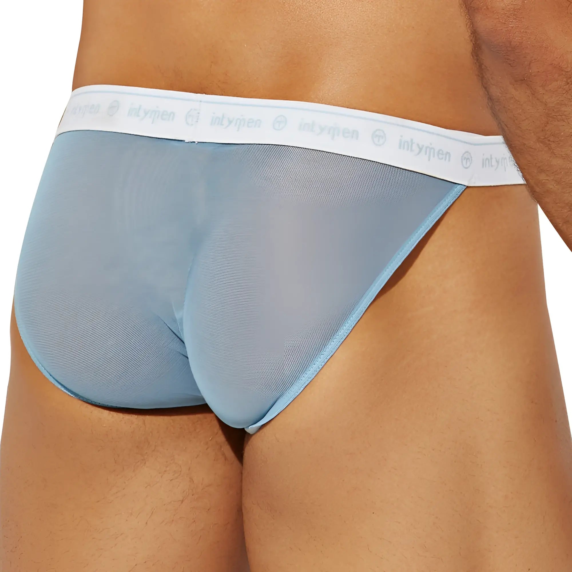 Intymen ini038 bikini brief in light blue sheer mesh with a white elastic waistband featuring the intymen logo