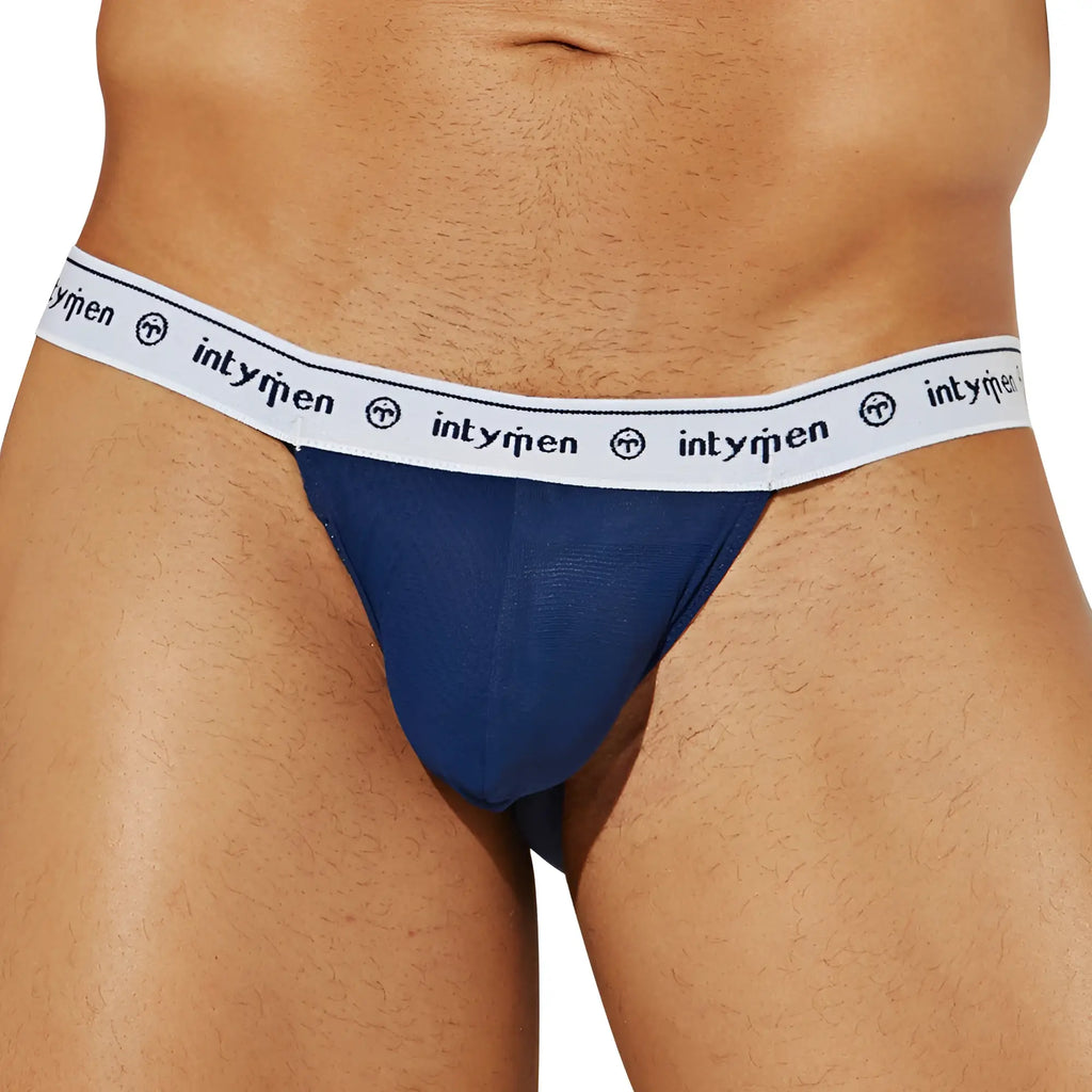 Navy blue intymen ini038 bikini brief thong with white elastic waistband featuring repeating logo and text