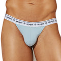Light blue Intymen INI040 bikini brief thong with white elastic waistband featuring repeating logo and text