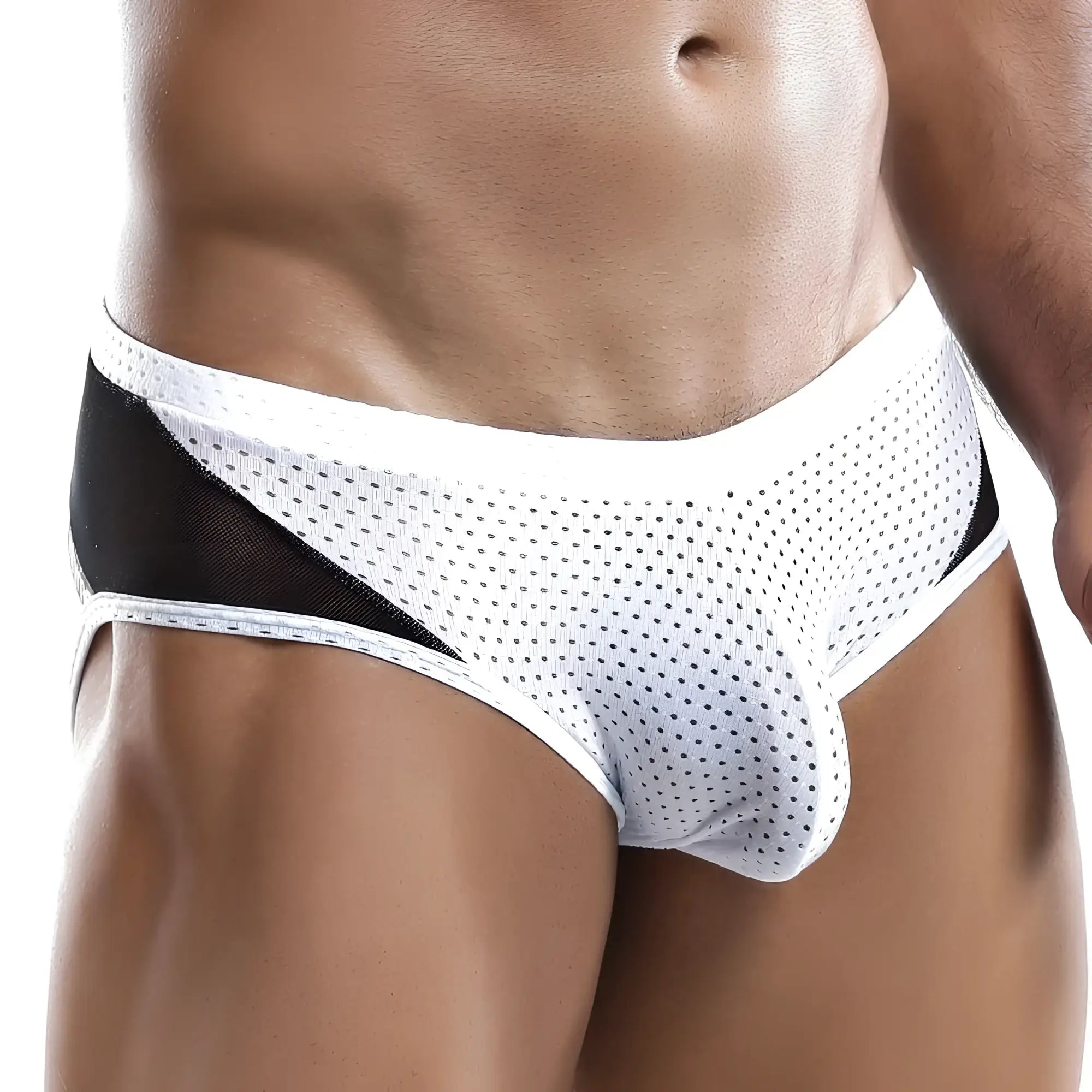 White and black perforated mesh briefs with sleek athletic design from Intymen INJ027 brief collection