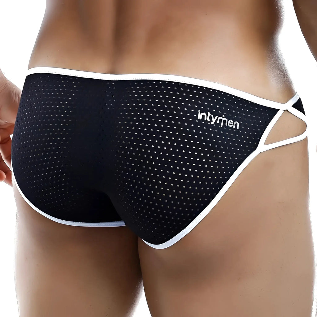 Black mesh briefs with white trim and intymen brand logo in the Intymen INJ031 Brief product