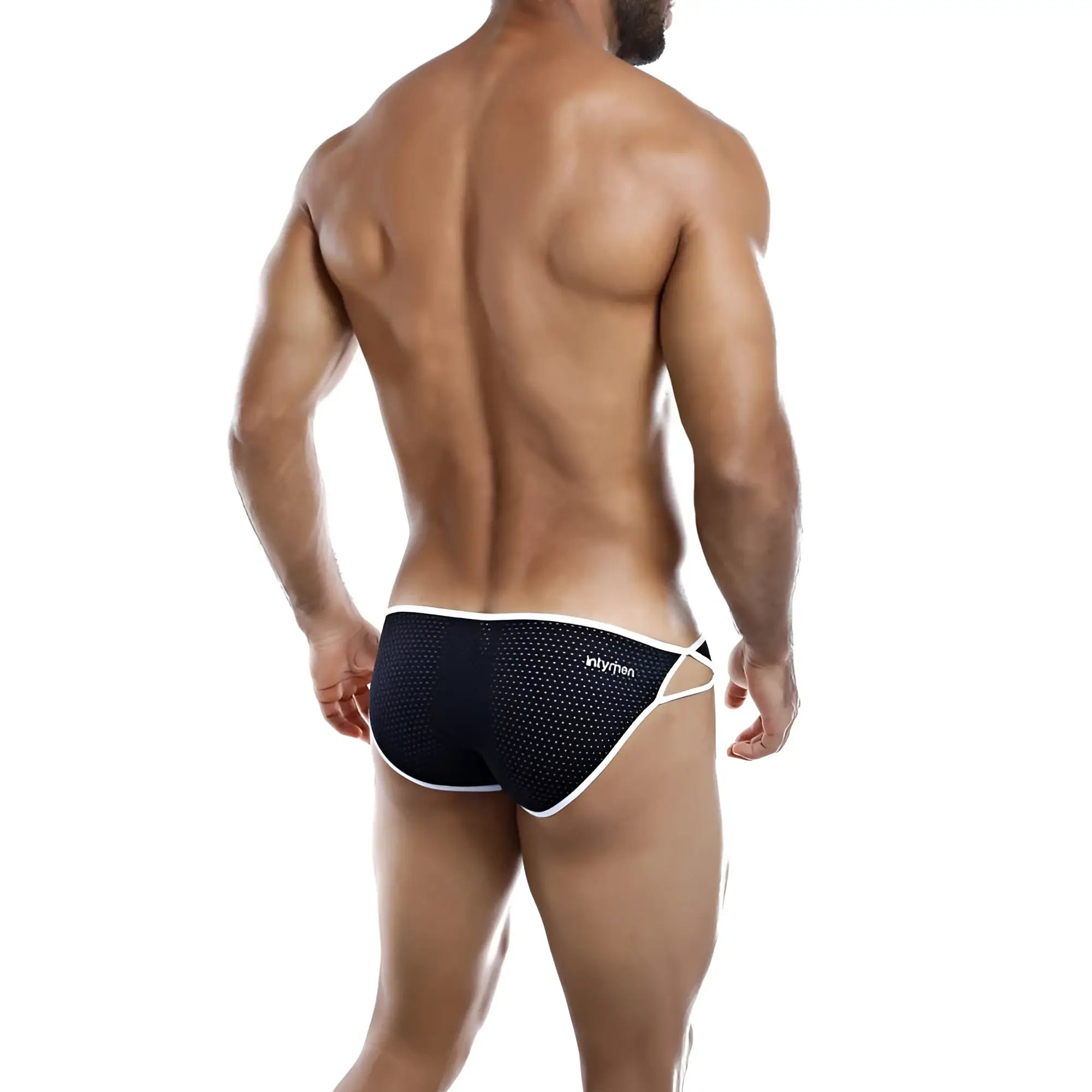 Intymen inj031 brief black mesh briefs with white trim and subtle intyren logo on the side