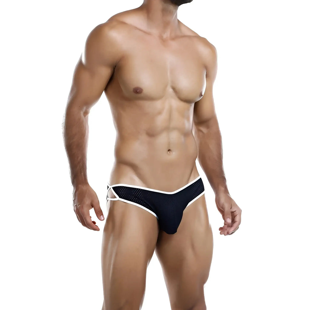 Black mesh briefs with white trim and side ties from Intymen INJ031 featuring breathable sheer material