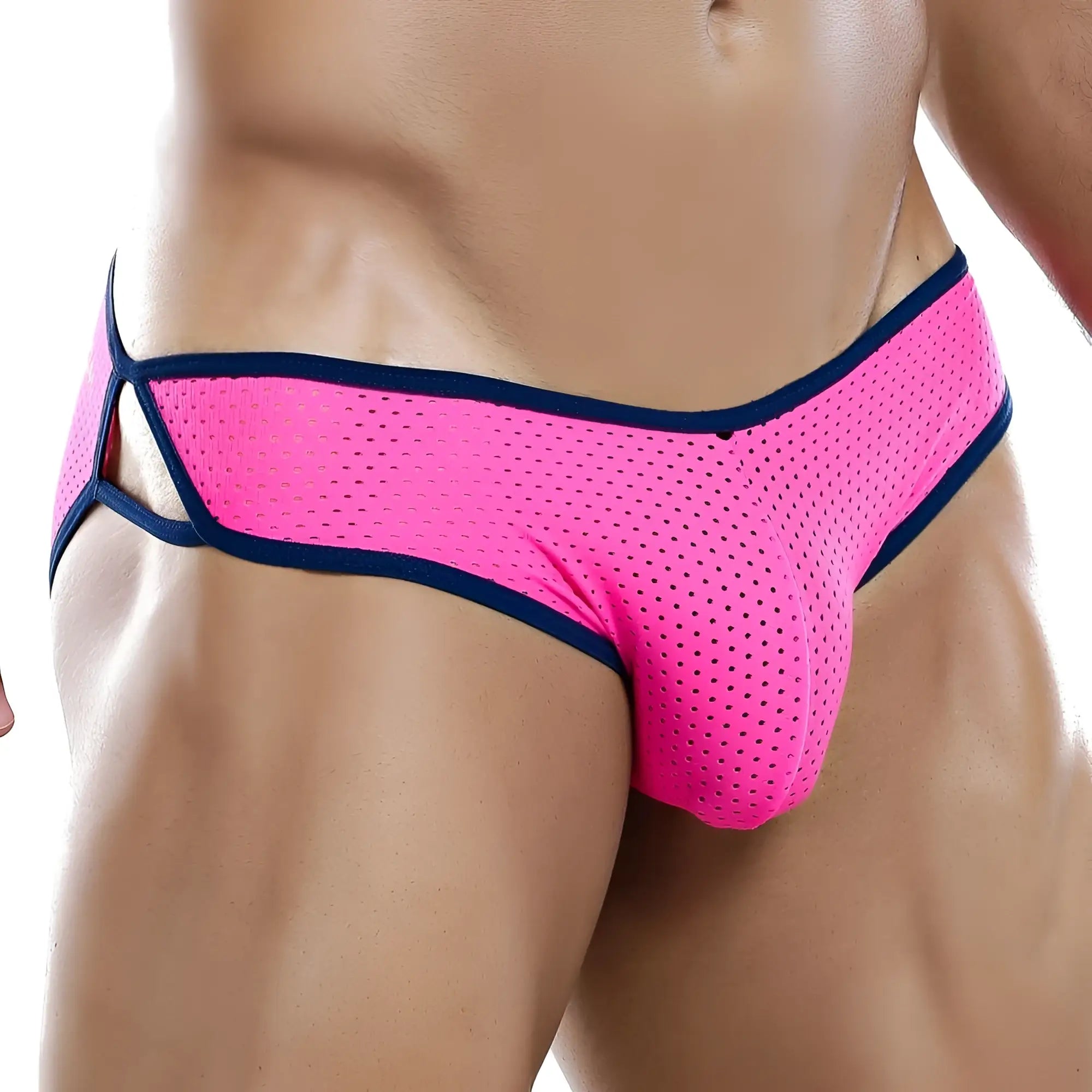 Bright pink mesh Intymen INJ031 brief with navy blue trim and cutout design for stylish underwear wear