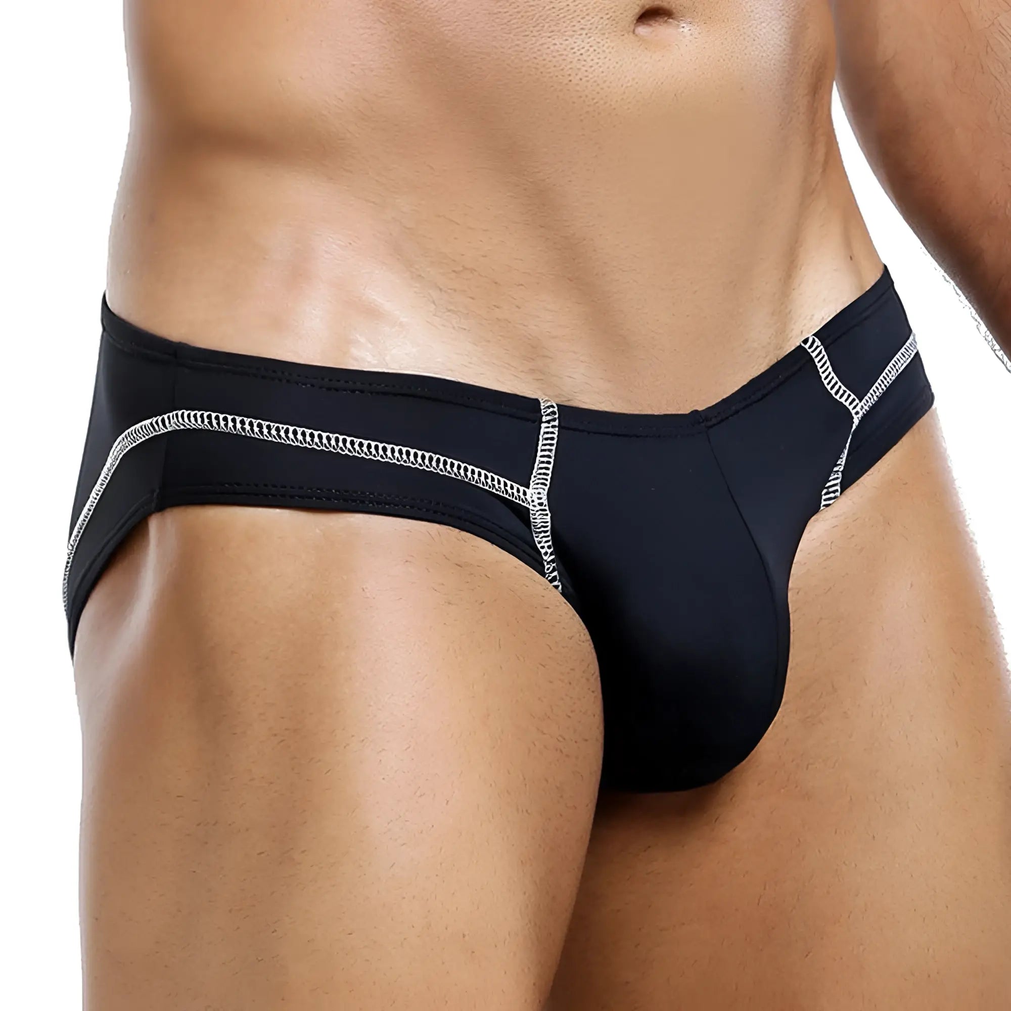 Black Intymen INJ044 brief with white zigzag stitching on sides and waistband designed for athletic wear