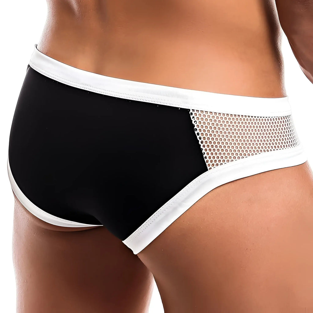 Intymen INJ055 brief black and white mesh swim trunks with a sleek modern design for comfortable swimwear use