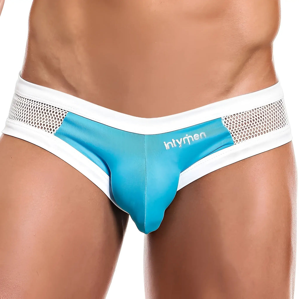 Intymen INJ055 brief men’s turquoise and white mesh trimmed sleek form-fitting underwear