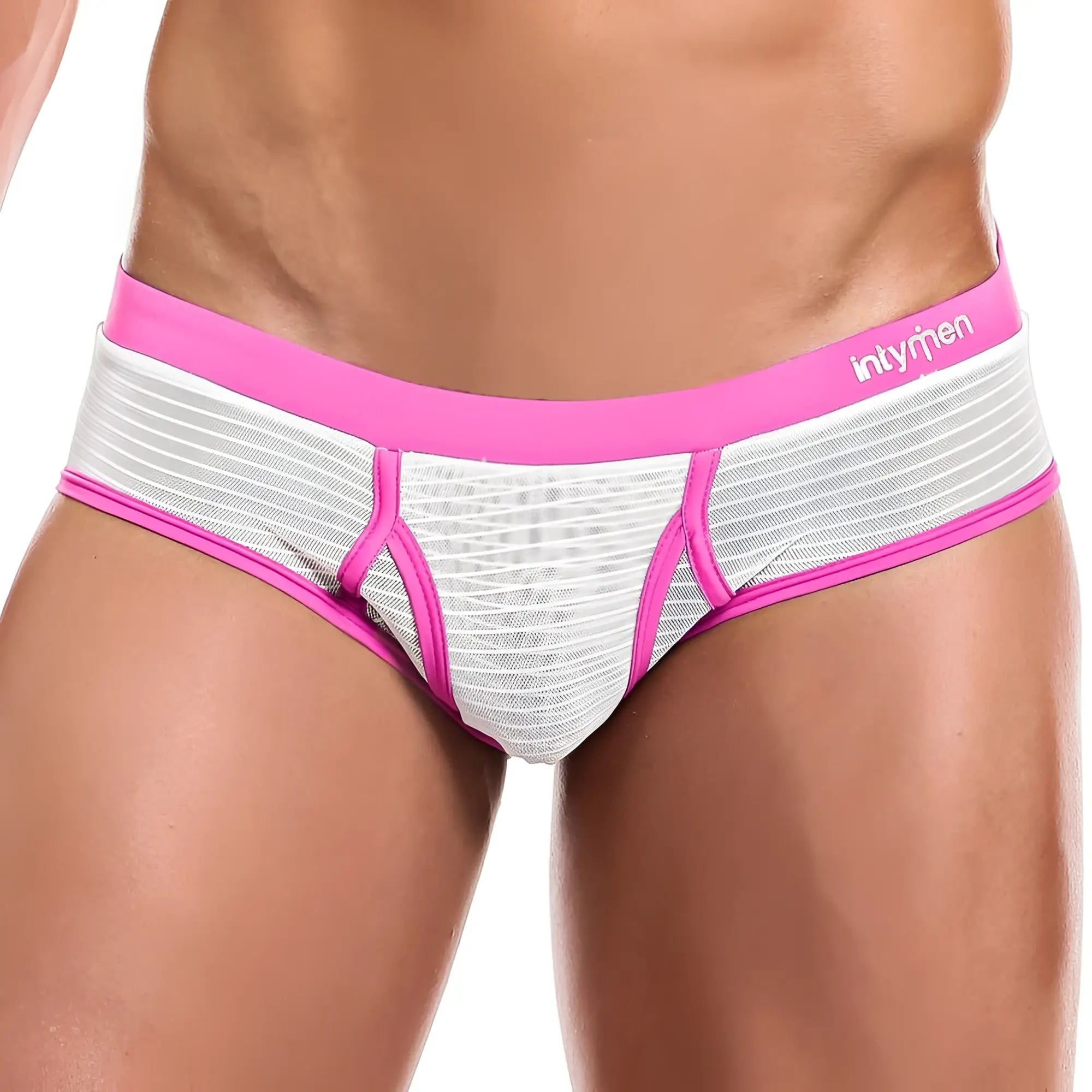 Pink and white mesh briefs with bold pink waistband and intymen brand logo in Intymen INJ056 Brief product
