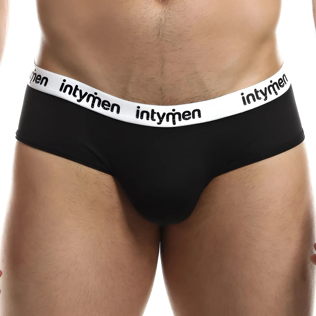 Black men’s briefs intymen inj059 with white elastic waistband and black intymen logo lettering for comfortable wear