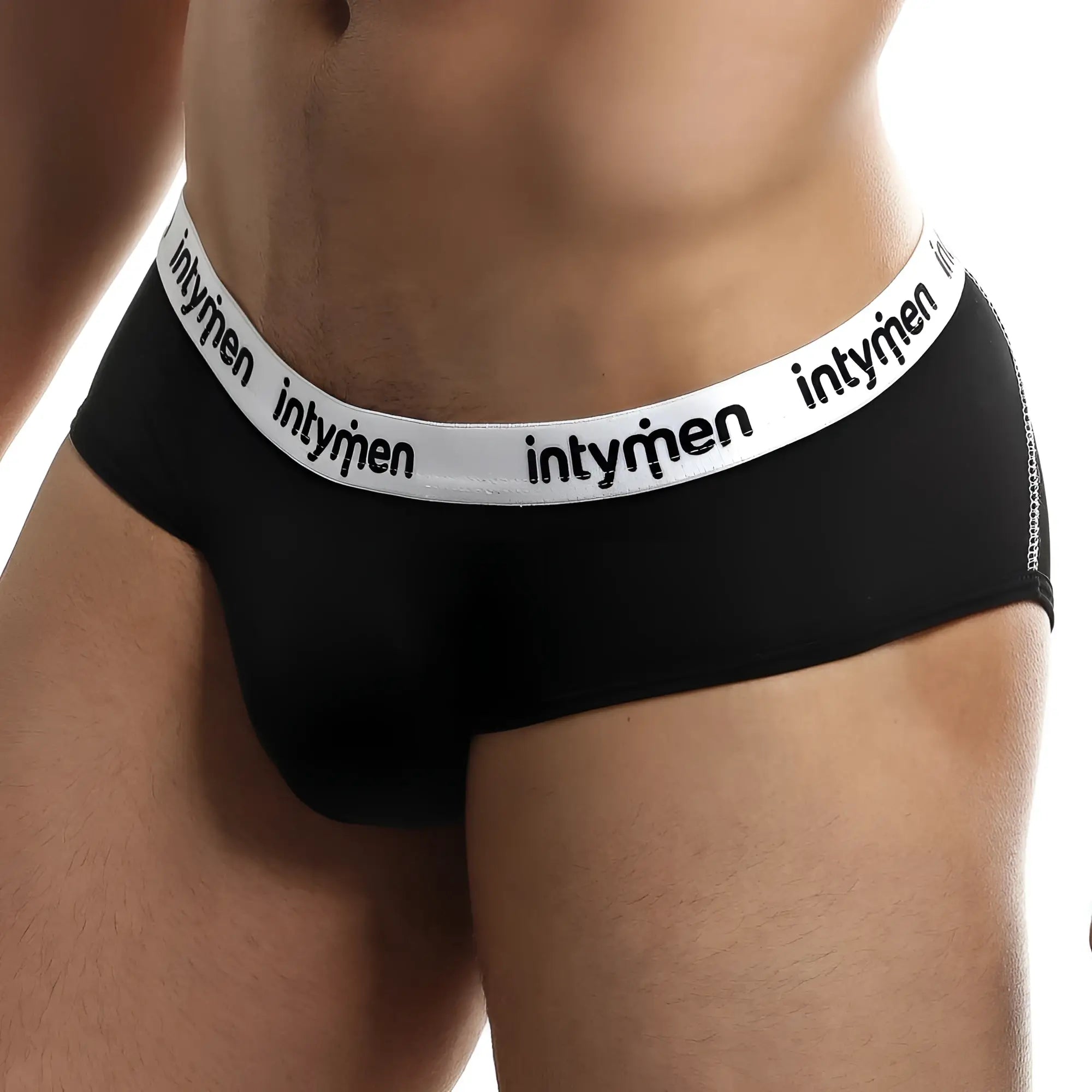 Black intymen INJ059 brief with white elastic waistband and black branded lettering front view underwear brief