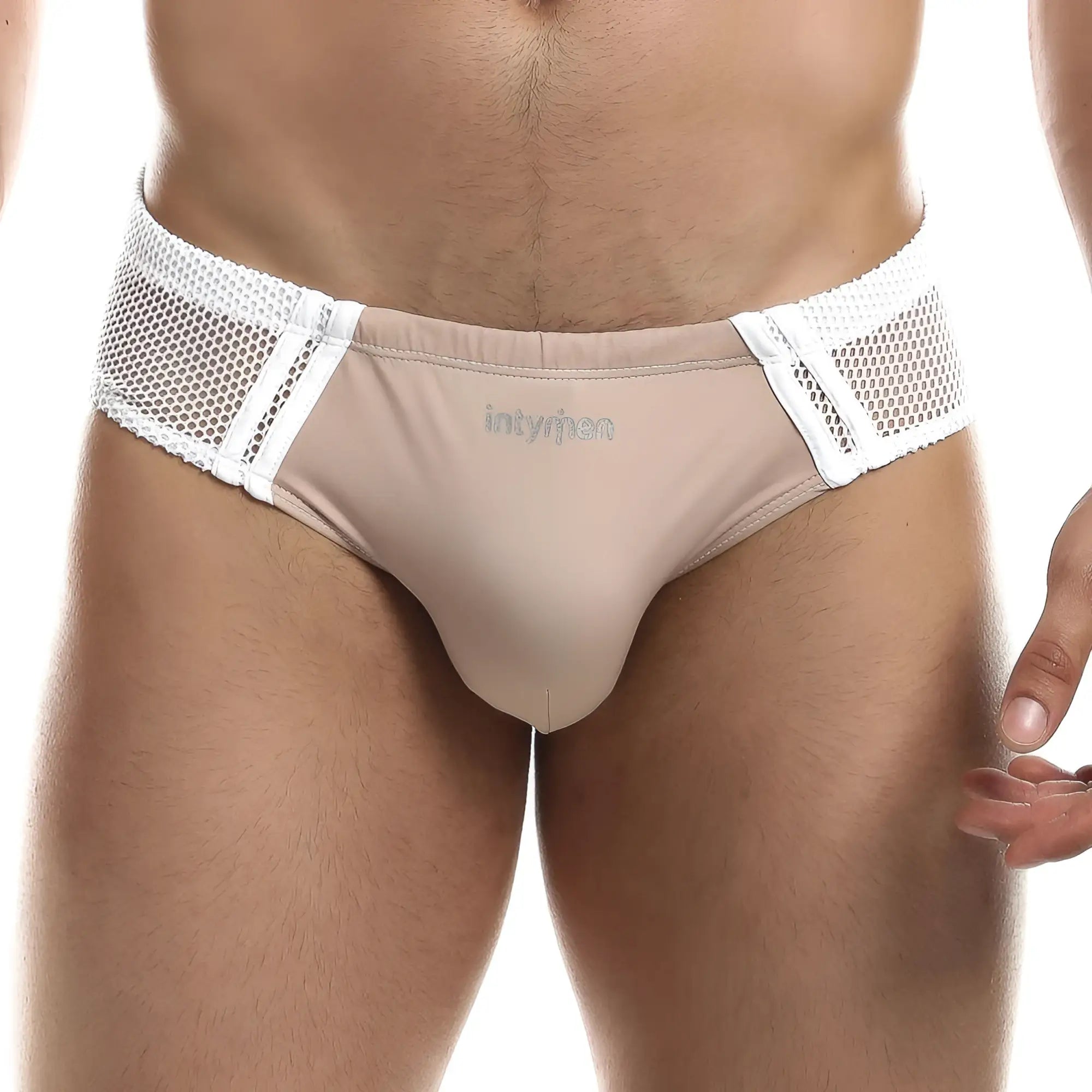 Beige mesh trimmed men’s briefs with white elastic waistband and innyman branding intymen inj060 brief