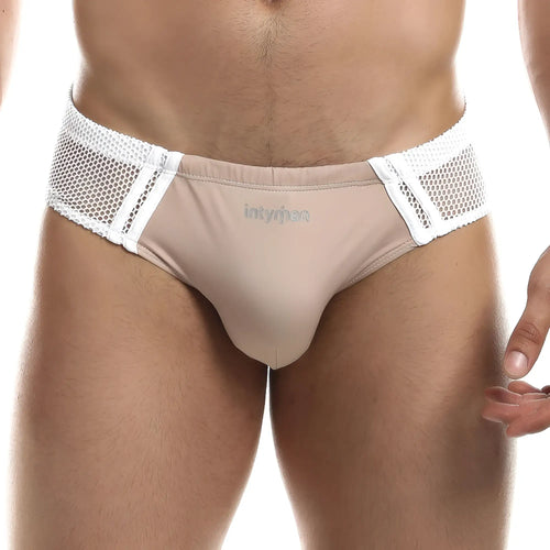 Beige mesh trimmed men’s briefs with white elastic waistband and innyman branding intymen inj060 brief