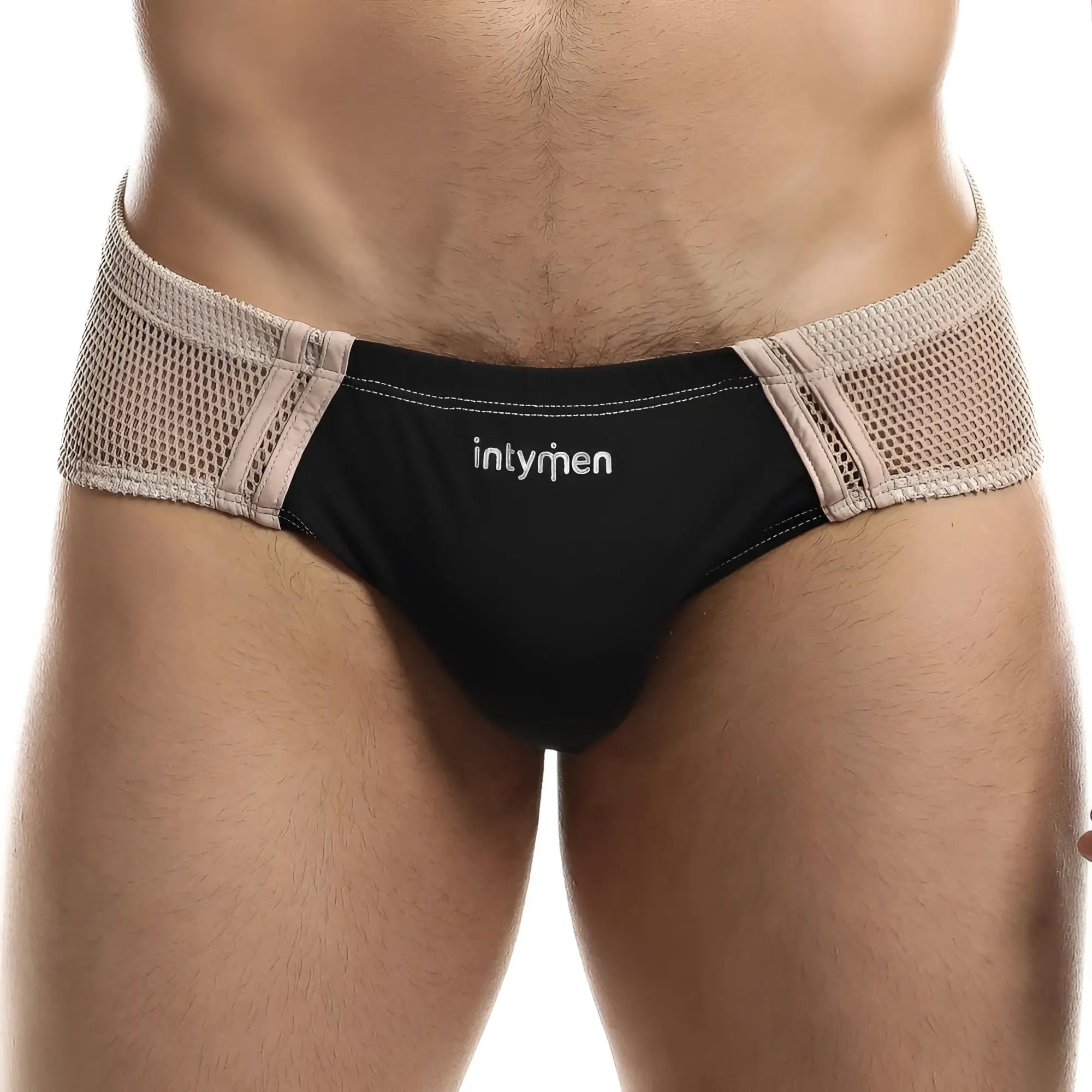 Intymen INJ060 brief in black and beige mesh trim with intymen branding made of breathable fabric