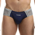 Navy blue and gray mesh-trimmed Intymen INJ060 briefs featuring breathable fabric and branded waistband