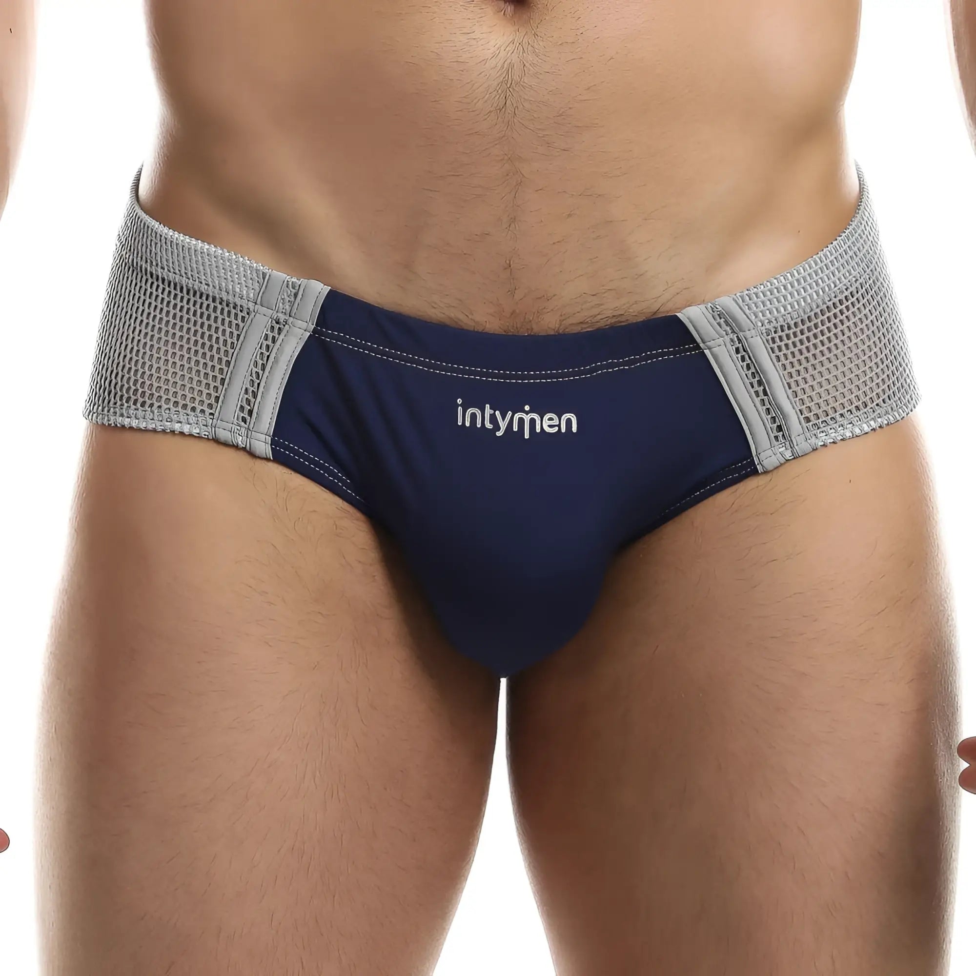 Navy blue and gray mesh-trimmed Intymen INJ060 briefs featuring breathable fabric and branded waistband