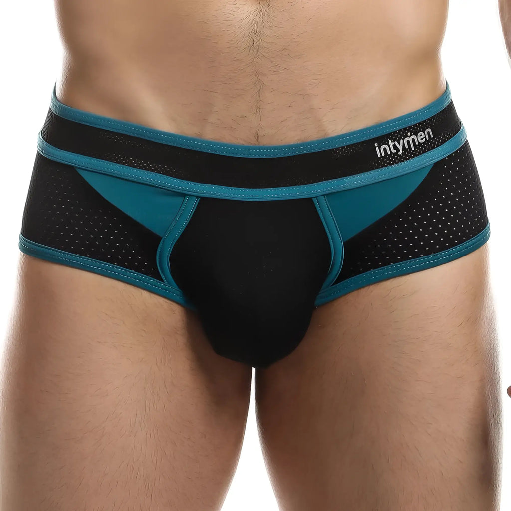 Black and teal mesh Intymen INJ061 athletic briefs with a branded waistband for comfortable activewear use
